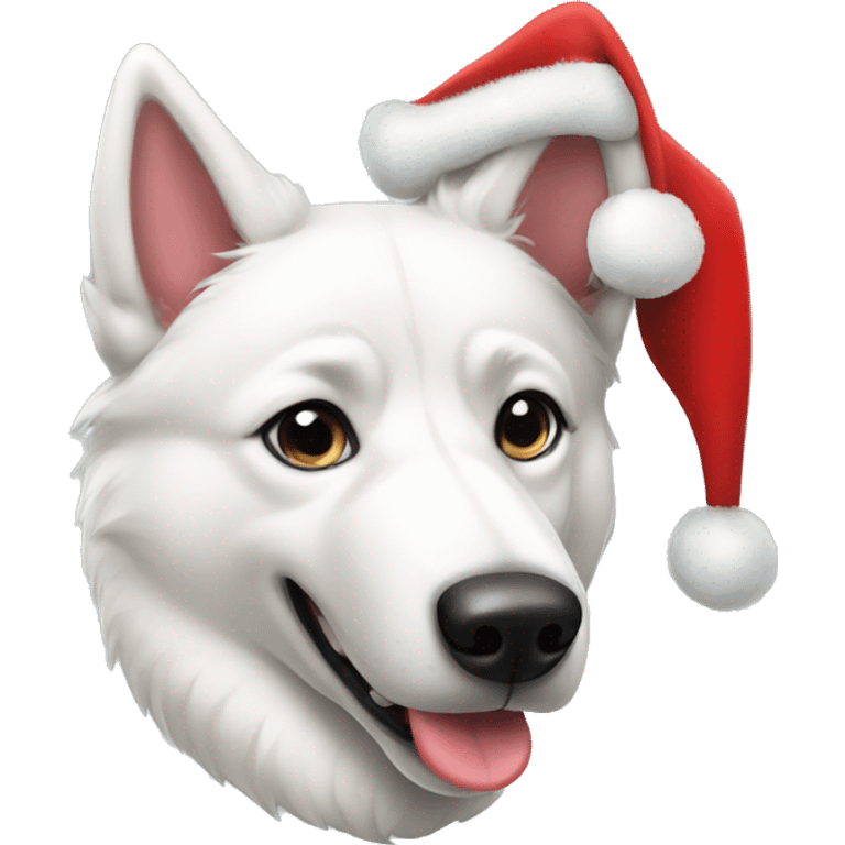 White Australian Husky wearing santa hat emoji