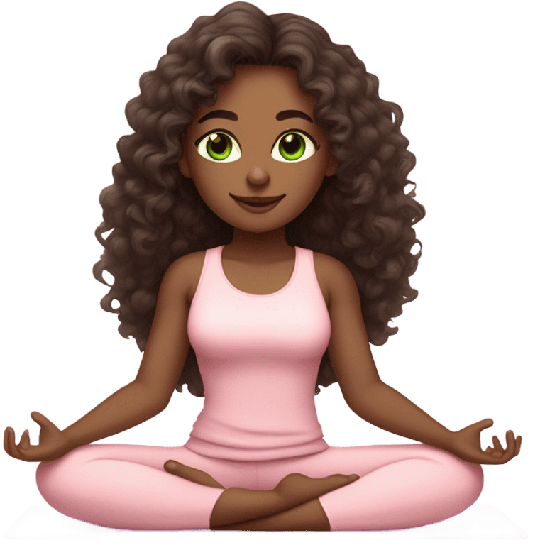 Dark brown long curly hair and green eyes yoga beautiful girl in light pink pink pink clothes sitting on a yoga mat emoji