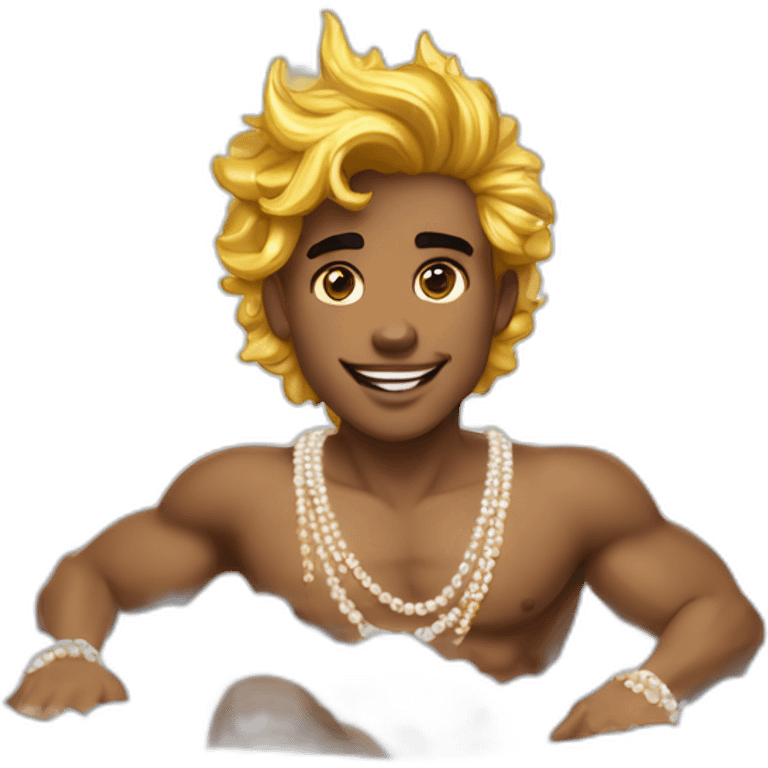 posh-muscle-boy-with-pearl-necklace-and-rainbow-unicorn-hair-in-golden-bathtub emoji