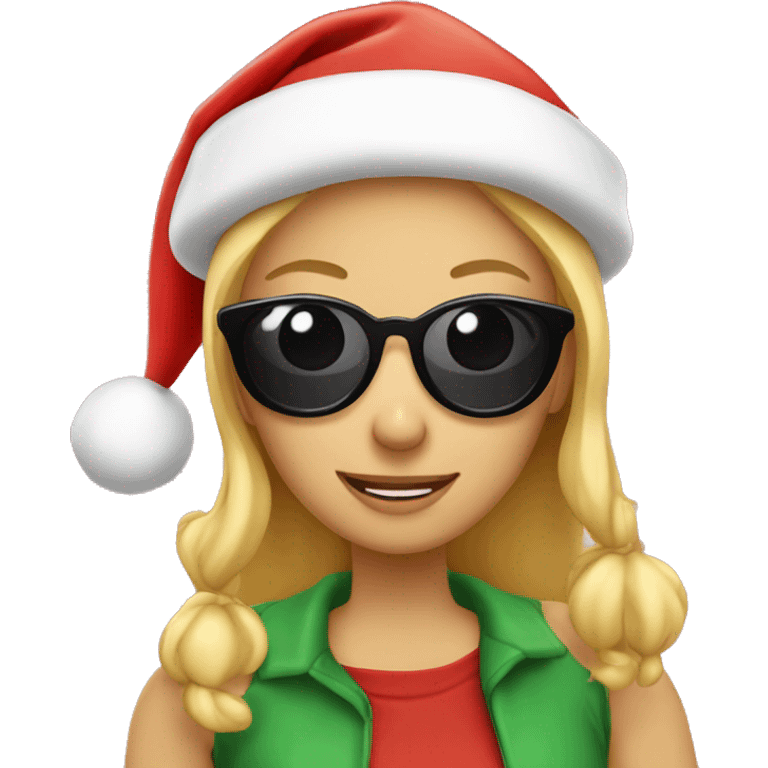 Blonde girl wearing Santa hat with sunglasses on eating pizza emoji