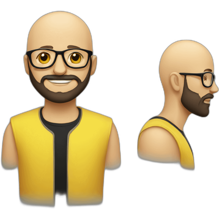 A bald man wearing yellow transparent fashionable glasses, a man with black beard emoji