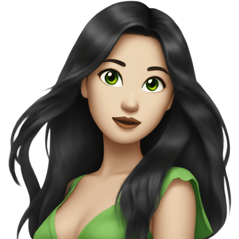 stunning asian woman black long hair, green eyes emoji