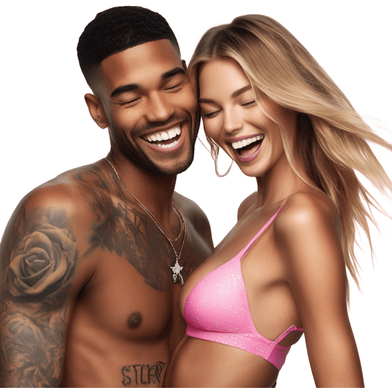 Photo of Victoria secret model laughing with a tattooed male model  emoji