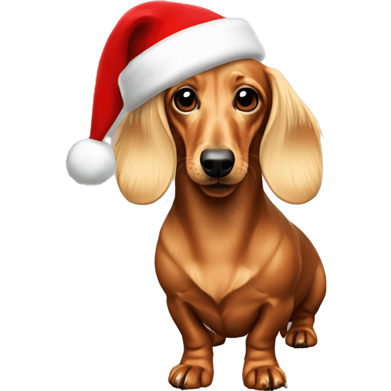 Blonde longhaired dachshund wearing Santa hat emoji