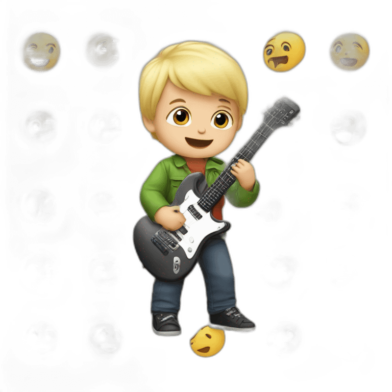 a 2-year-old boy, blond and with little hair, playing a mini guitar emoji