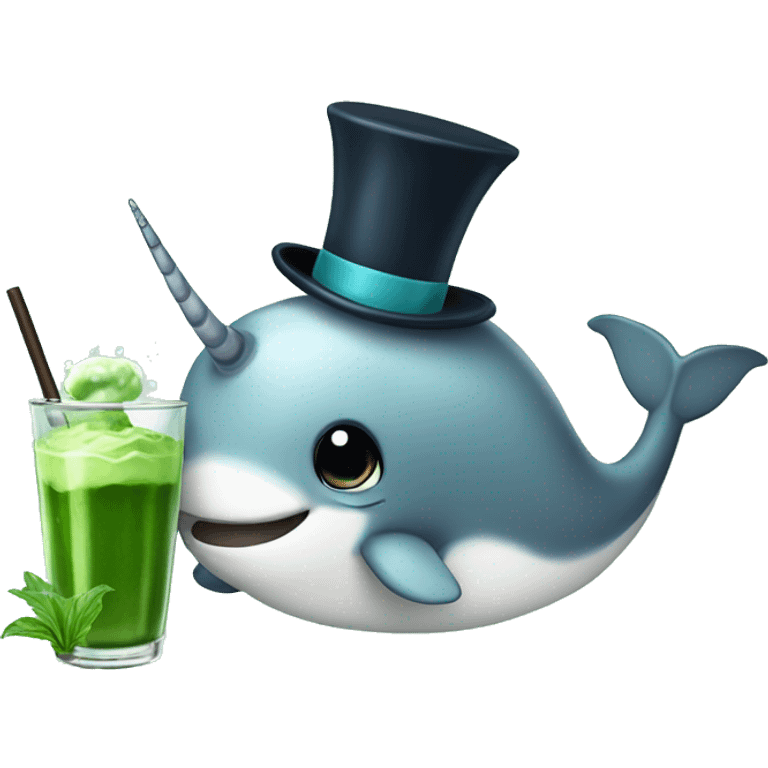 Narwhal with top hat drinking a matcha emoji