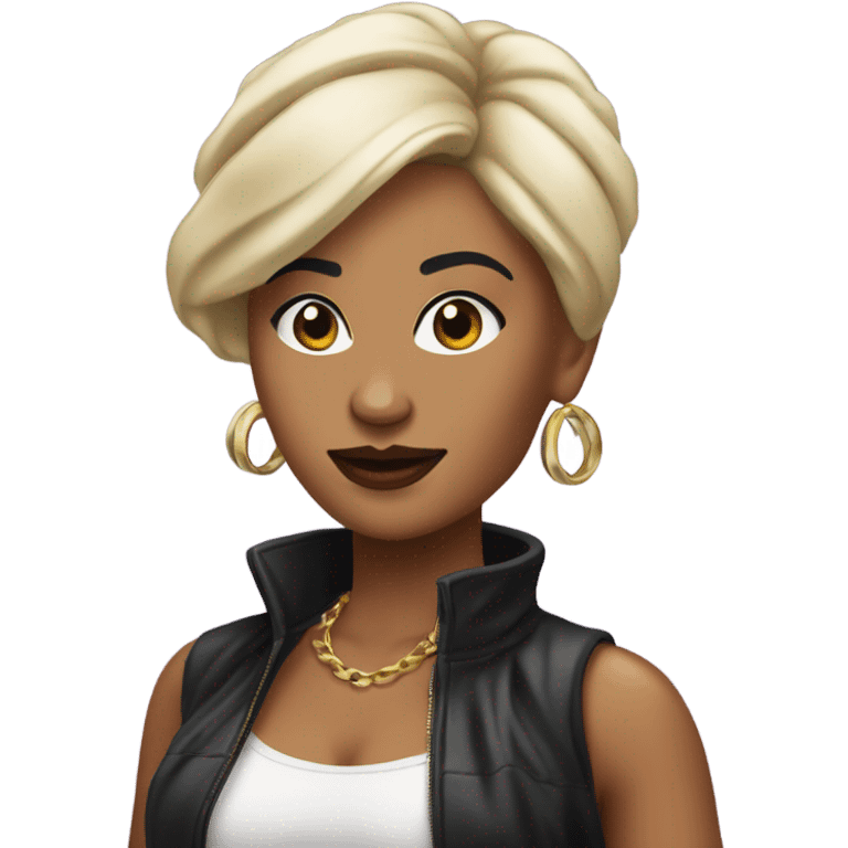 Tanned woman with black hair dressed in 1990s hip hop hair, makeup, and attire  emoji