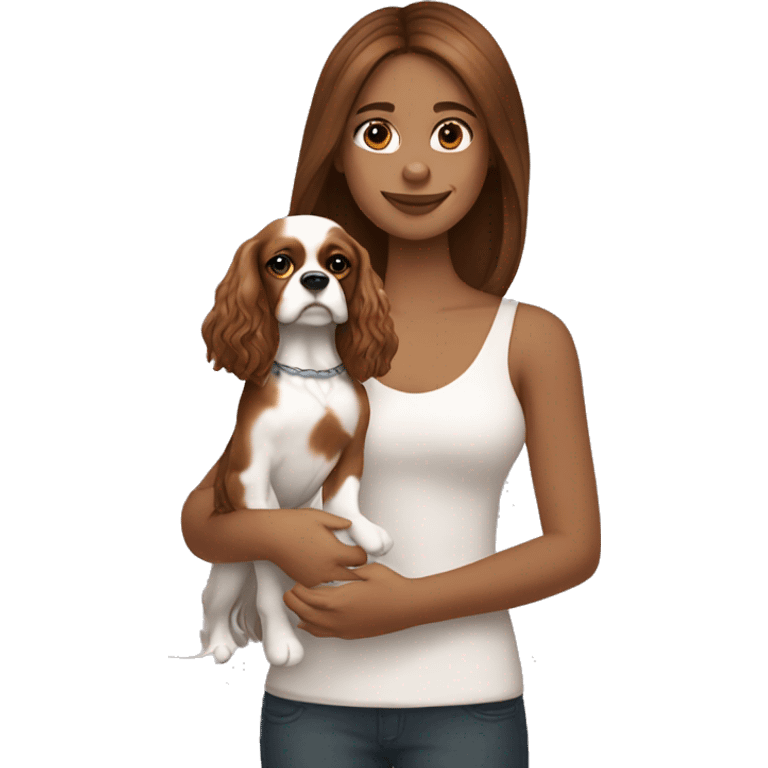 white girl , brown straight medium hair, holding happy king charles spaniel  emoji