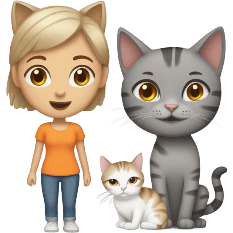 girl with buzzcut with one grey tabby cat and one brown and orange cat emoji