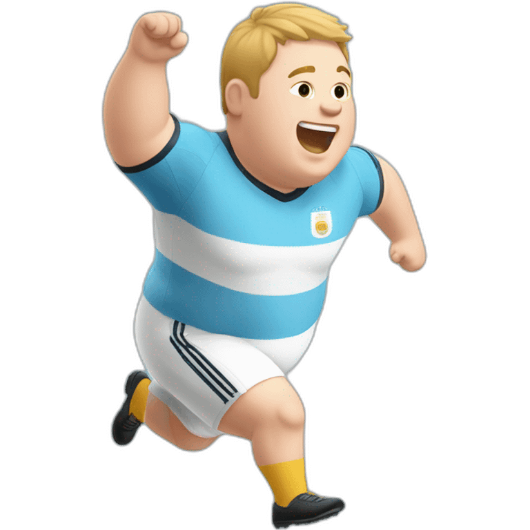 Short hair, obese white man jumping. argentina team uniform. Hands up emoji