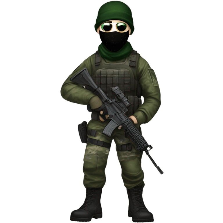 white male, pale skin, call of duty black mask, green camo tactical gear, combat boots, black beanie, hazel eyes emoji