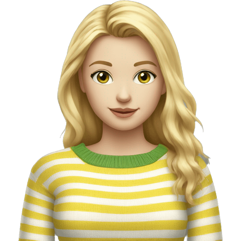 Striped white and yellow sweater on thin blond haired girl with green eyes and jeans emoji