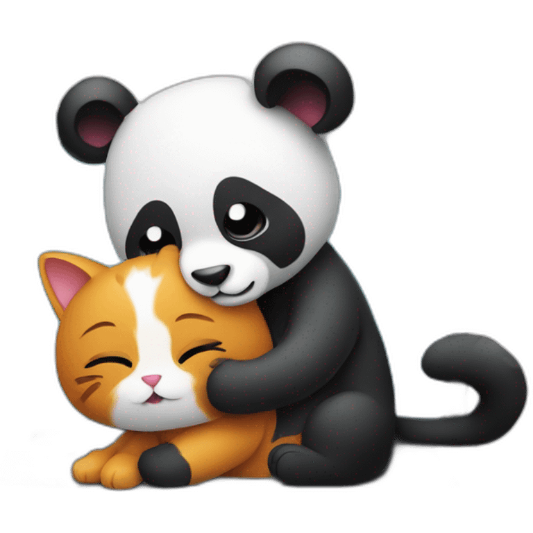 a cat hugs a panda near a laptop emoji