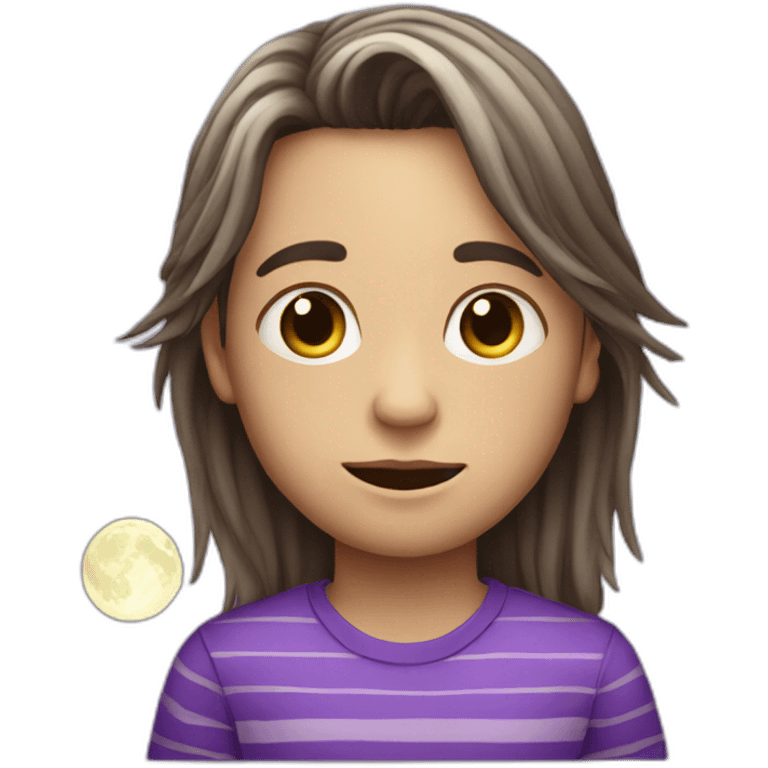 long hair boy who wears a long-sleeved purple striped shirt with a moon print emoji