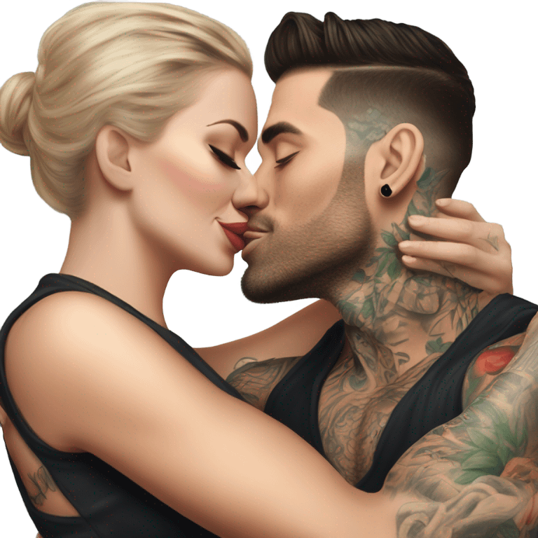 Hyper Realistic beautiful woman in the arms of a very handsome tattooed man kissing  emoji