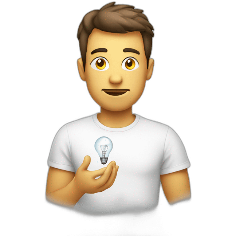 man white tshirt thinking with light bulb emoji