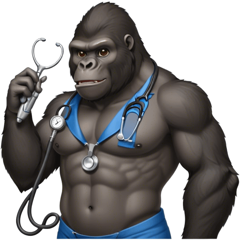 super buff gorilla HOLDING BBARBER CLIPPER AND STETHOSCOPE AROUND THE NECK emoji