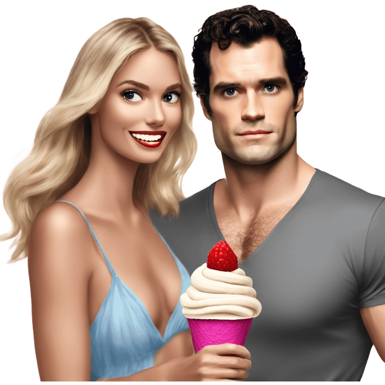 realistic photo of Henry Cavill with a beautiful victoria secret model sharing ice cream  emoji