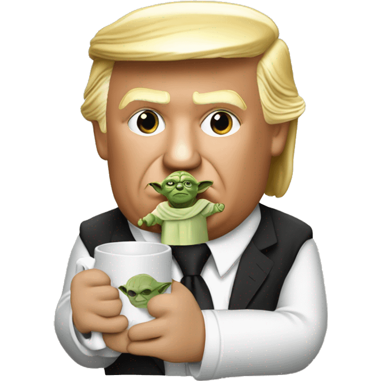 donal trump holding a mug that says i love yoda emoji