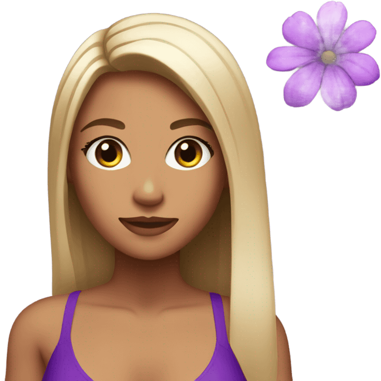 Girl with straight hair and brown eyes super tan in a purple bikini with a purple flower in her hair emoji