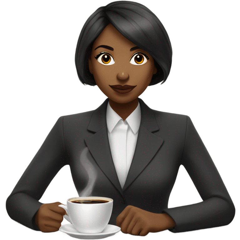 Cute black woman with a bob haircut in a power suit, sipping coffee with the word January behind her emoji