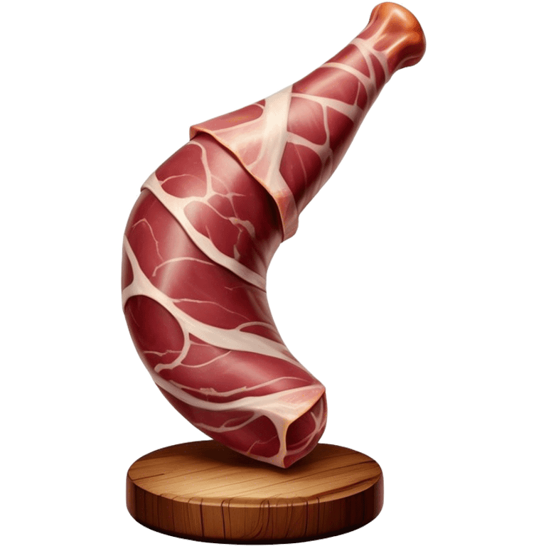 ​Cinematic Realistic Spanish Jamón Leg, depicted as a massive, cured leg of Jamón serrano (ham) with a deep reddish-brown hue, intricately marbled and slightly glossy with age, elegantly displayed on a rustic wooden stand and bathed in warm, soft lighting that accentuates its artisanal heritage, emoji