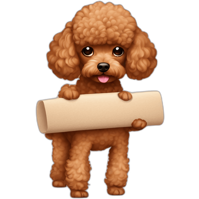 Light brown toy poodle carrying a back pad emoji