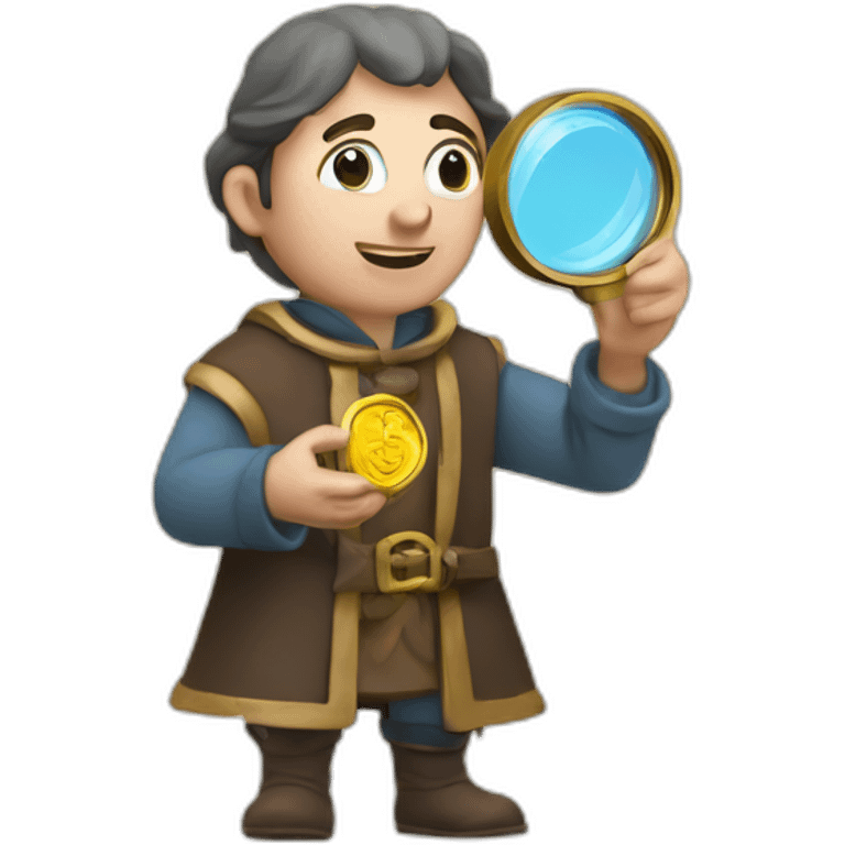 medieval coin collector, looking at a coin with a magnifying lense emoji