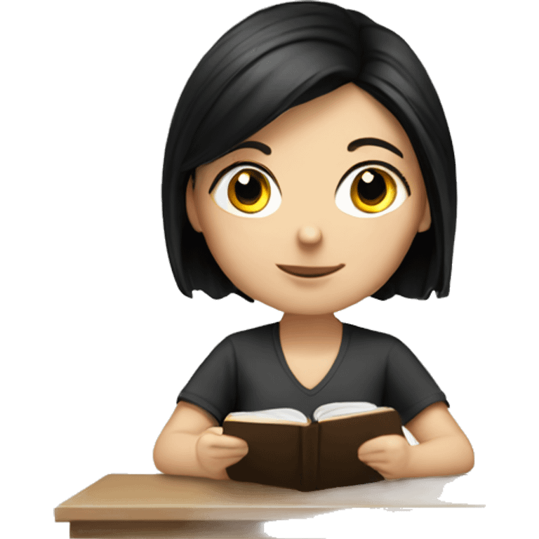 A white girl with black hair studying emoji