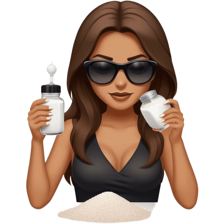 sassy woman with long brown hair, tan skin, and dark sunglasses holding a salt shaker filled with white table salt. She is sprinkling the salt out from the shaker with a smirking expression, not smiling emoji