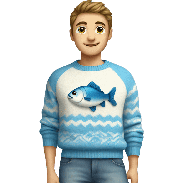 Cute sweater that has a fish and sun on it and it is blue and white emoji