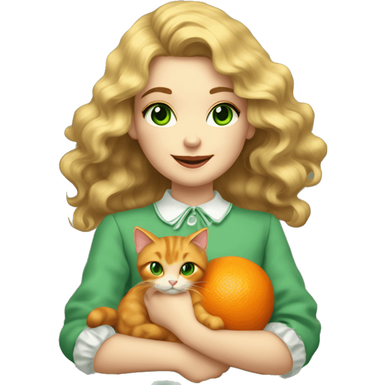 A girl with dark long blonde wavy hair and big green eyes, big lips and smiling, holding an orange cat and both of them are wearing vintage french clothes emoji