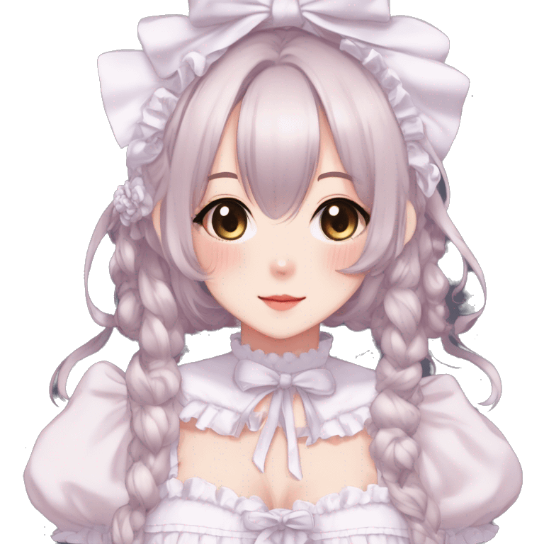 Gorgeous anime style catgirl with blushing face with maid outfit laces gothic Lolita idol model kawaiicore pastelcore cottagecore pearly petite simplistic aesthetic trending style emoji