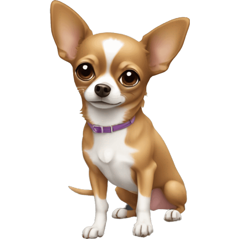 A little brown chihuahua in front of a laptot emoji