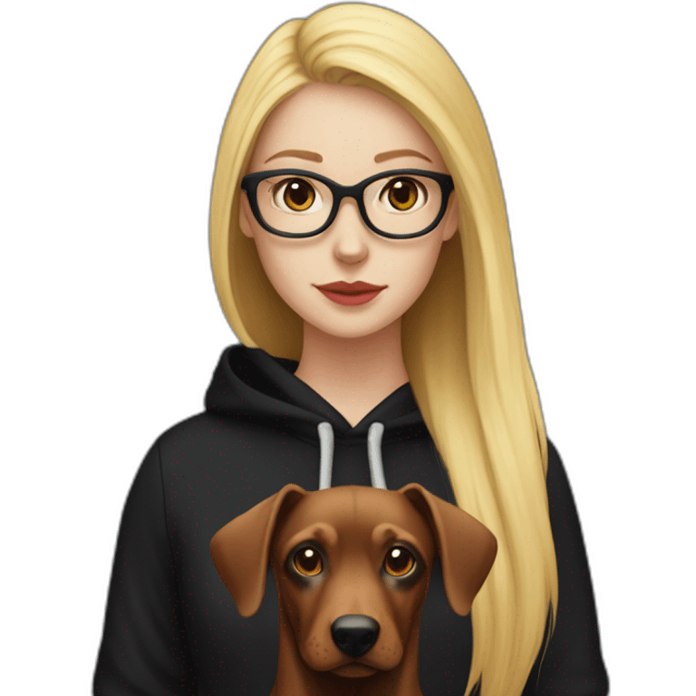 white girl with glasses and long blonde hair and black hoodie and a red doberman emoji