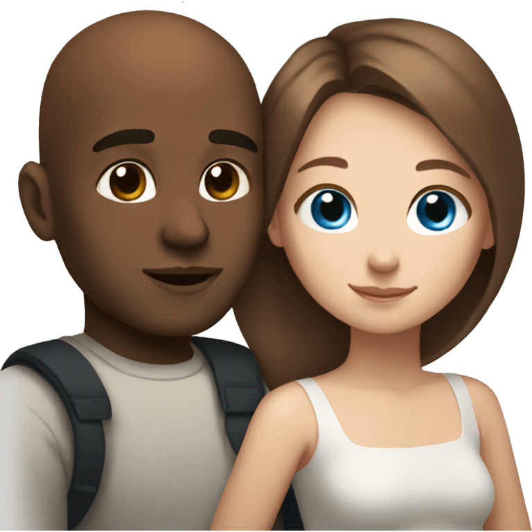 Beautiful Girl with blue eyes and long brown hair and boy with brown hair cuddling, Bald black man  emoji