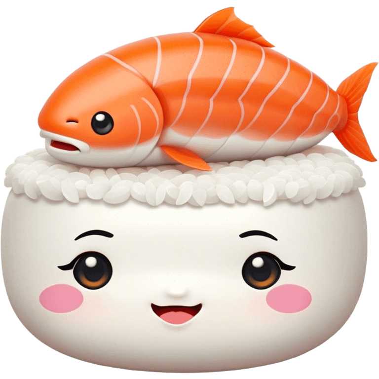 Cute Kawaii Nigiri Sushi, plump and happy, a soft white rice pillow topped with bright orange salmon, tiny blushing cheeks, big round eyes, a joyful floating expression! emoji