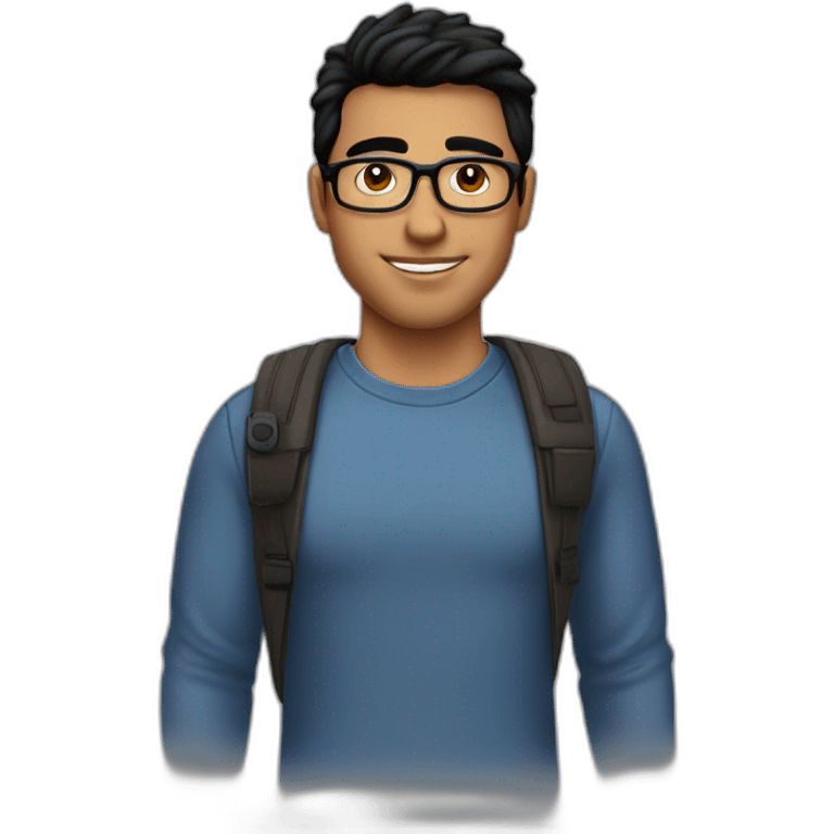 Hispanic dude. Fringe up haircut. Black hair. Glasses. Brown eyes. Dimples emoji