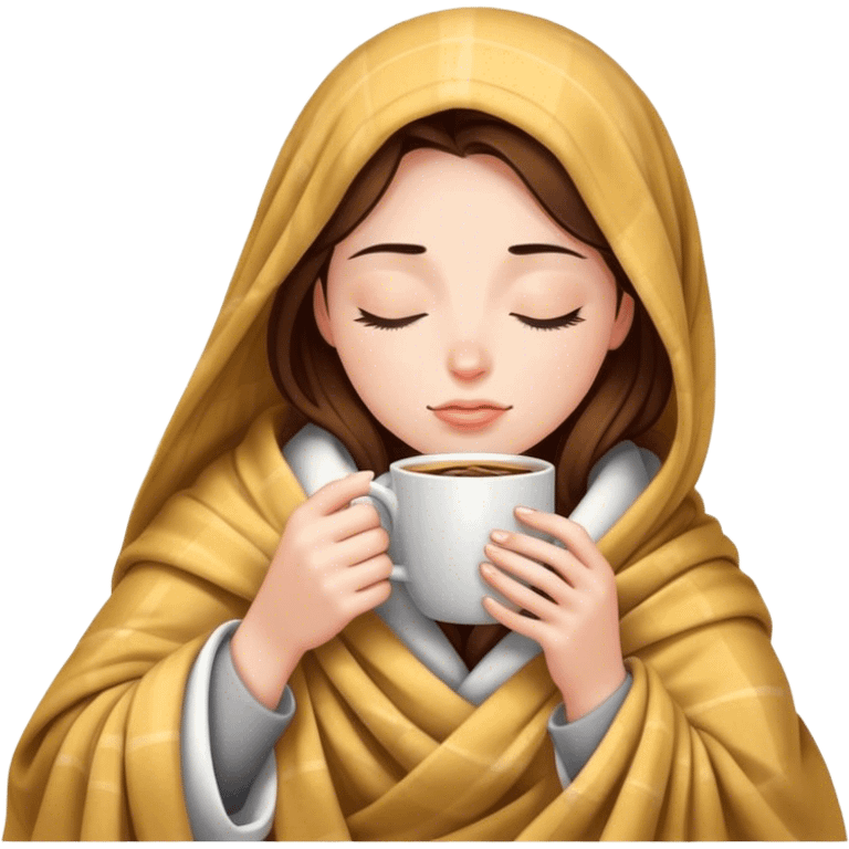 girl inside a blanket sipping coffee eyes closed emoji