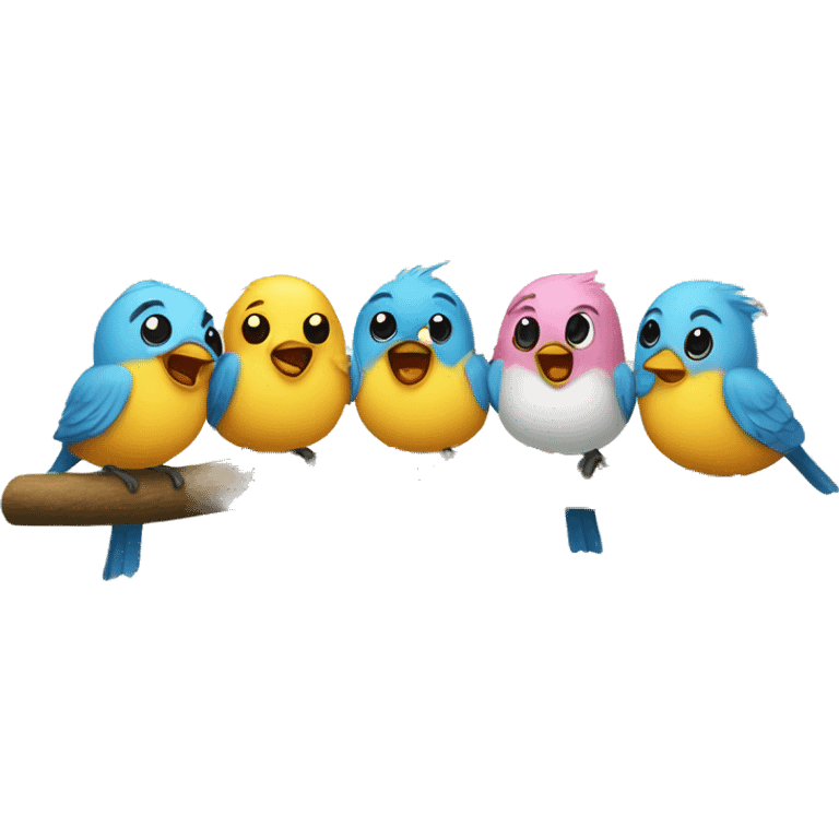 Five round, adorable little birds are chirping away on a tree branch. emoji