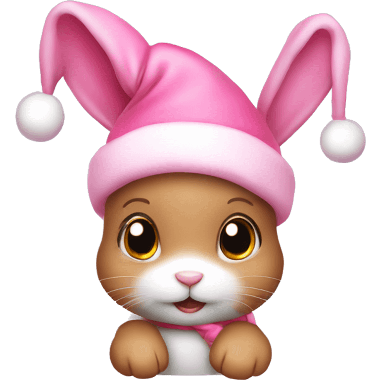 A pink little cute bunny wearing a little cute pink Christmas hat emoji