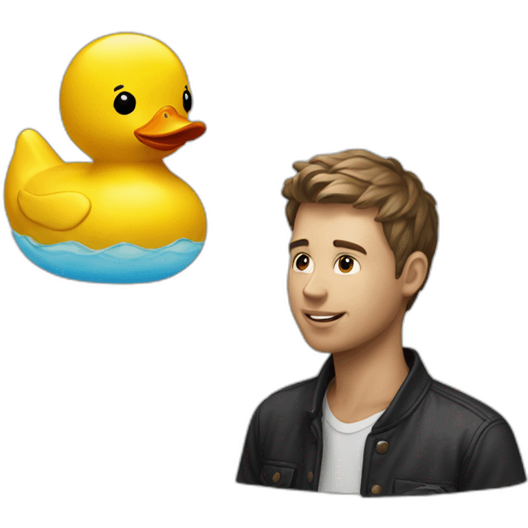 A white and young man talking to rubber duck emoji