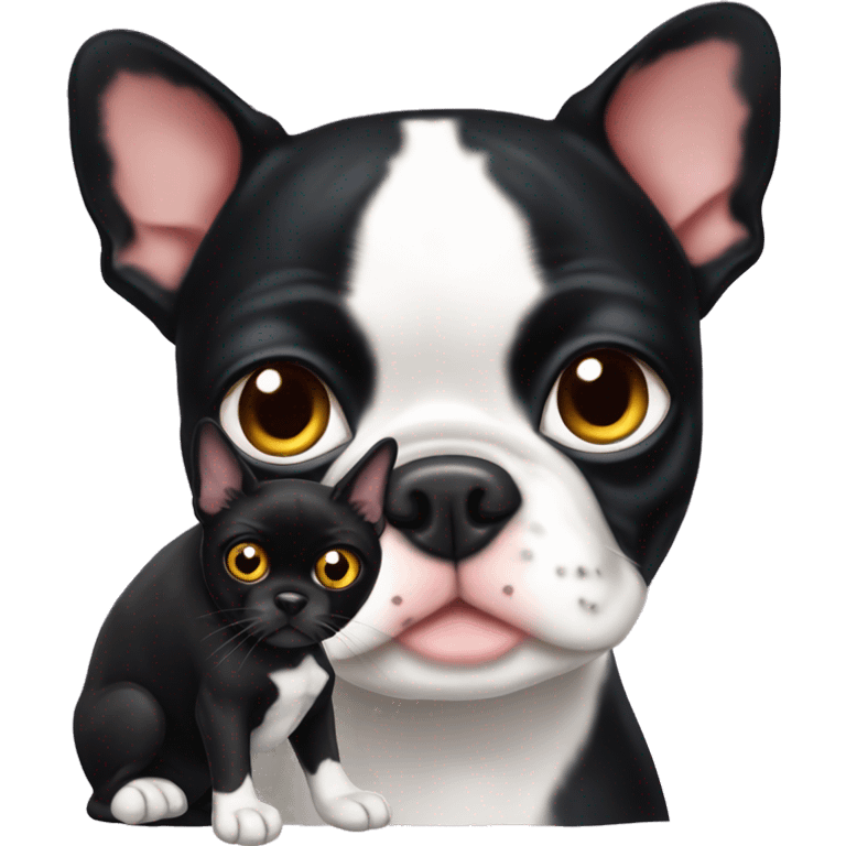 Boston terrier with black cat cuddle emoji