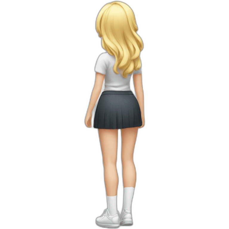 full body back view curvy caucasian beauty in small skirt lifted by the wind butt white socks emoji