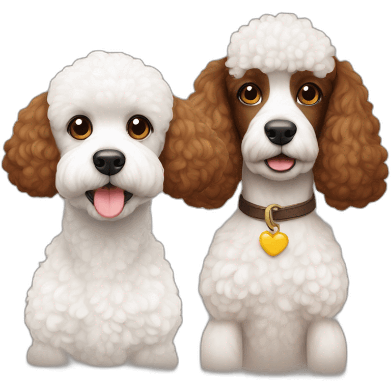 2 dogs together french poodle 1 white colour 1 canela brown color emoji