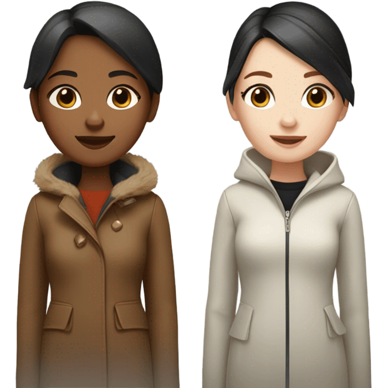 Two girls in winter coats walking- one with white skin black hair and the other with white skin and copper blonde hair  emoji