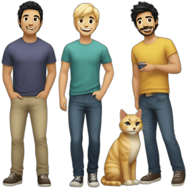 Gay couple, 1 guy Latino black hair and 1 Australian guy blonde hair with a cat laughing full body emoji