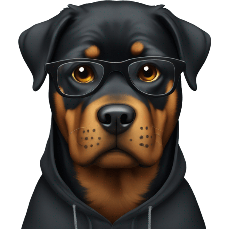 Rottweiler with a black hoodie and glasses emoji