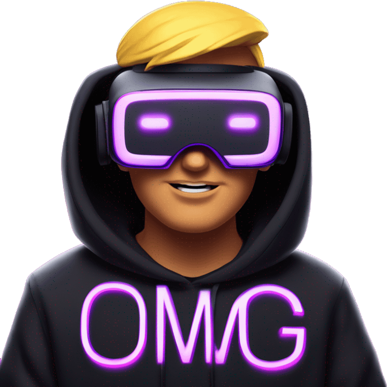 Donald Trump wearing a black hoodie with "OMG" letters on it and VR headset oculus quest 2 in a cyberpunk VR environment with violet neon lighting. emoji