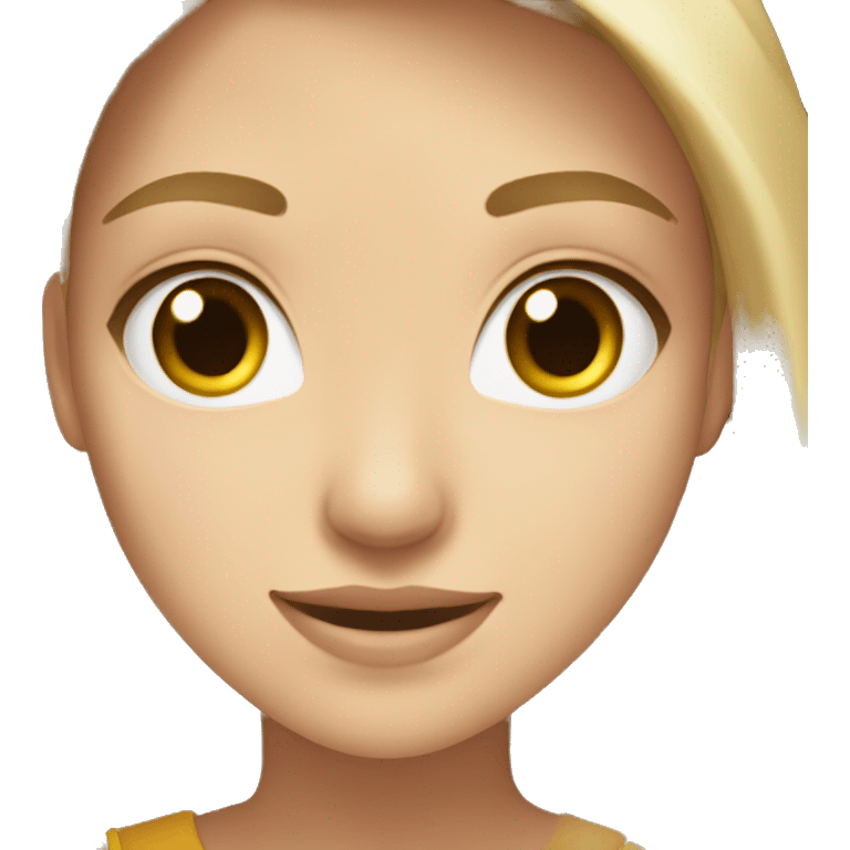 Women Blonde teenager with light skin and brown eyes, long blonde hair, sleeveless shirt, smiling emoji